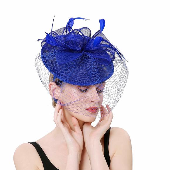 Sinamay Women Feather Fascinator Hat With Veil, Cocktail Tea Party Banquet🐬 - Picture 2 of 7